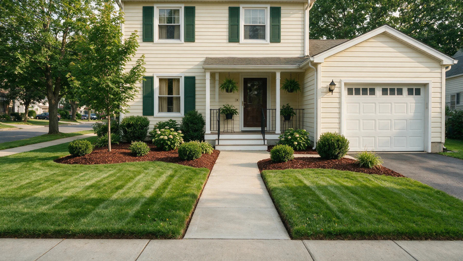 The same front yard after Vanderclock Outdoor Services installed fresh mulch beds, crisp edging and new plantings in Wayne NJ