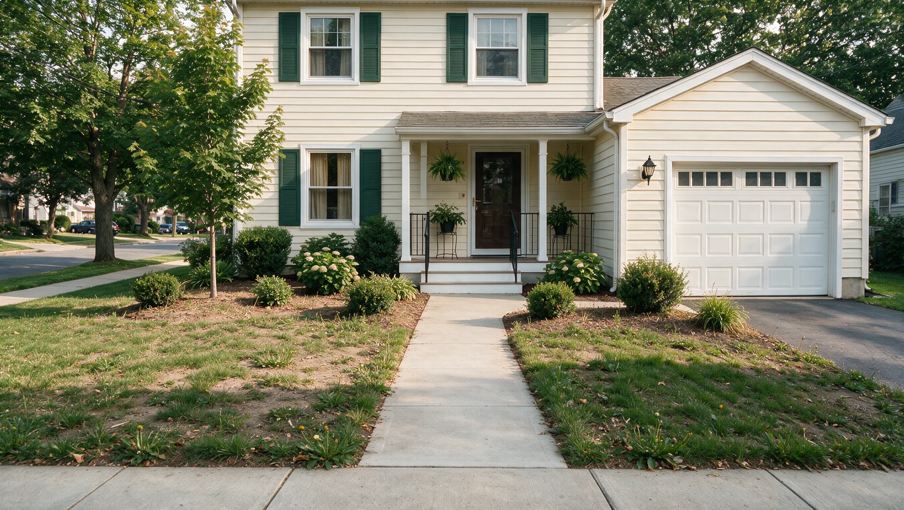 Overgrown front yard with no mulch and no bed edges before Vanderclock Outdoor Services in Wayne NJ